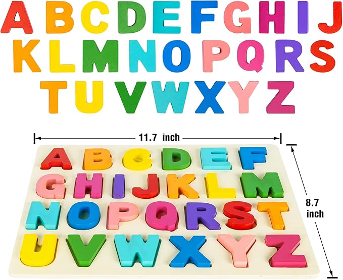 Alphabet Puzzle Wooden Puzzles for Toddlers 3 4 5 Year Old, ABC Puzzle Shape Alphabet Learning Puzzles Toys with Puzzle Board & Letter Blocks, Preschool Educational for Girls Boys