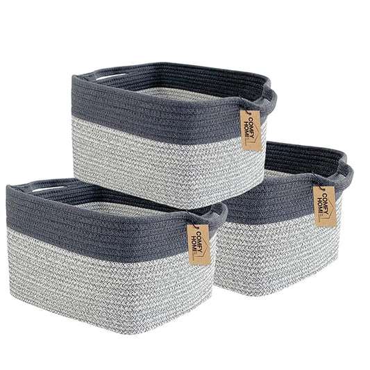 COMFY-HOMI 3Pack Cotton Rope Square Basket with Handles for Shelves|Dog Toy Storage Bin|Shoe Organizer - New 13.5" x 11" x 9.5" (Light Grey)