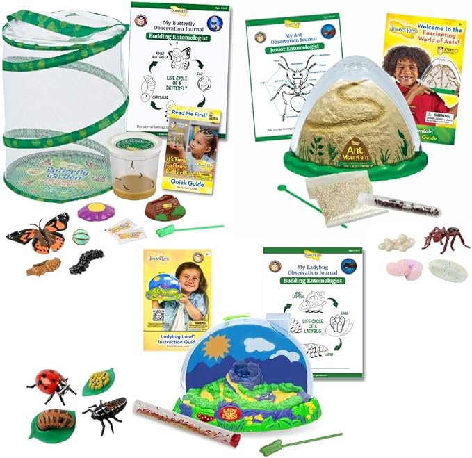 Insect Lore Bug Camp Bundle - Butterfly Kit with 5 Live Caterpillars, Ladybug Land with 1 Tube Live Larvae, Ant Mountain with 1 Tube Live Western Harvester Ants - Bonus Life Cycle Figurines & More