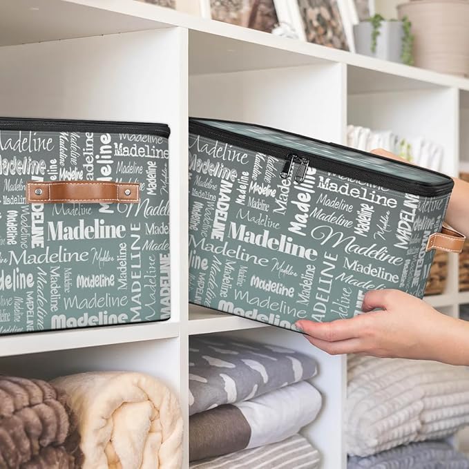 Custom Storage Basket with Name, Personalized Storage Bins with Zipper Lid, Foldable Fabric Storage Box Large capacity with Handle Gradient Grey Green