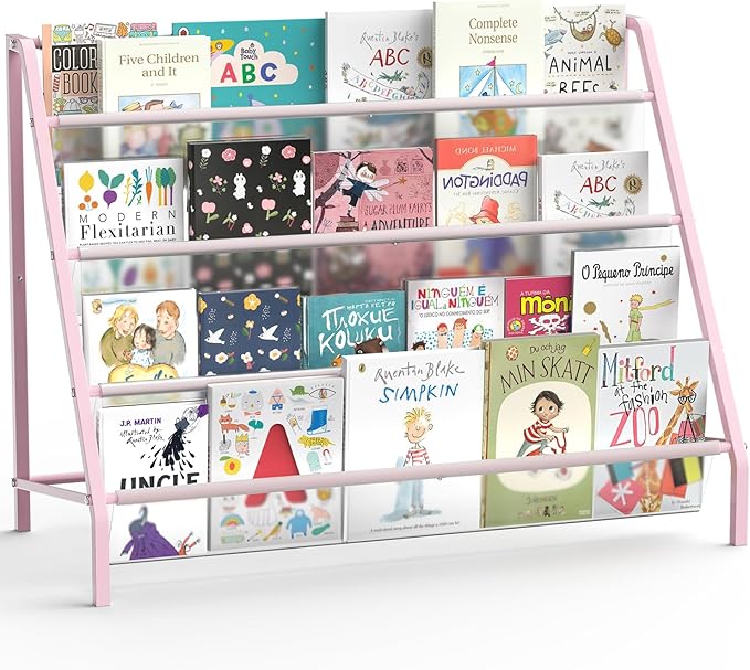 High-Transparent 4 Tier Kids Bookshelf, Sturdy Metal Large Size Book Rack Storage for Kids - Toddler Book Shelf Display for Nurasery, Playroom or Kids Room, Bookshelf Hold More Books - Pink