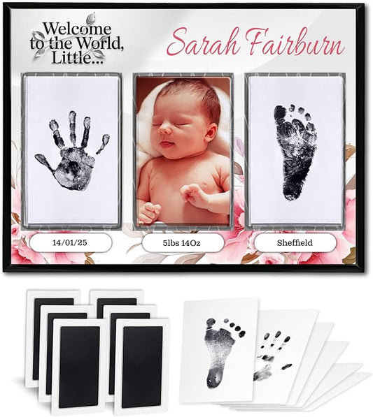 Baby Hand and Footprint Kit with Photo & Birth Details, Inkless Hand and Footprint Kit, Newborn Keepsake Plaque, Baby Shower Gifts (STYLE 1 (Fully Personalized) (Welcome To The World - Baby Girl))