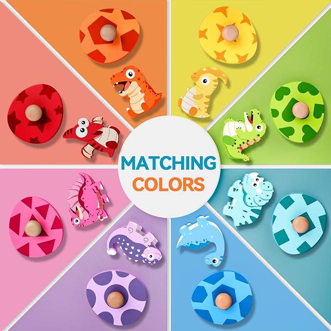 Dinosaur Wooden Puzzles for Toddlers 1-3, Montessori Toys for 1 2 Year Old Boy Birthday Gifts, Dinosaur Matching Eggs Peg Puzzles for Toddlers Age 2-4, Preschool Learning Activities for Girls