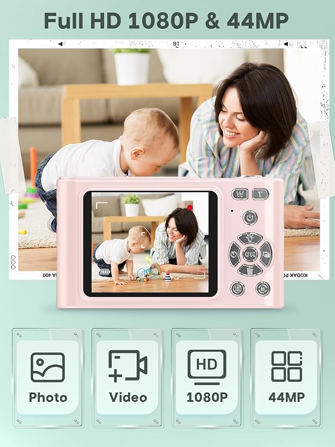 Digital Kids Camera 1080P Vlog Camera with 64GB, Lanyard, 16X Zoom Anti Shake, Card Reader 44MP Compact Portable Point Shoot Digicam for Kid Teen Girl Boy Christmas Halloween Thanksgiving(Pink)