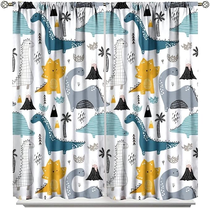 Kids Dinosaur Curtains for Boys Girls Bedroom Decor Cartoon Dino Colorful Cute Funny Wildlife Animal Printed Blackout Rod Pocket Window Drapes for Baby Nursery Playroom Living Room W21xL45in 2 Panels