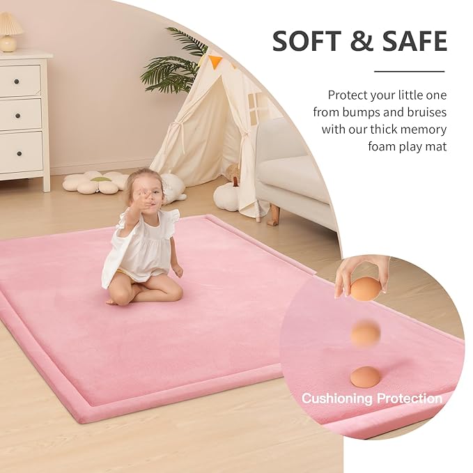Baby Play Mat for Floor,1.3" Thick Memory foam Tummy Time Mat,79"×158“ Extra Large Soft Coral Velvet Nursery Rug,Non Slip Safe for Crawling,Toddlers,Infants,kids,Tatami Style for Living Room(Pink)