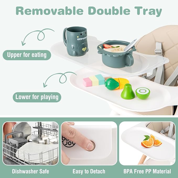 BABY JOY High Chair, 6 in 1 Convertible Wooden Highchair for Babies & Toddlers with Adjustable Legs, Double Removable Tray, Safety Harness & Waterproof PU Cushion (Beige)