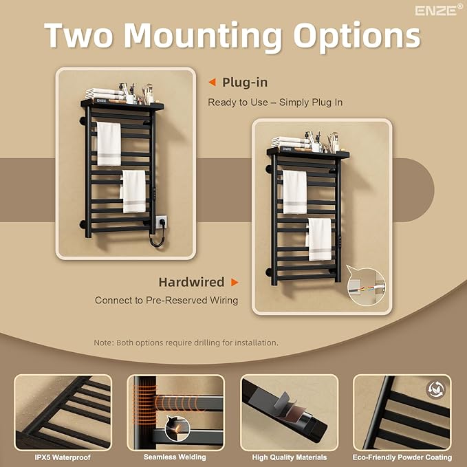 ENZE Heated Towel Rack with Shelf and Wi-Fi App Control, 11 Bars Electric Wall Mounted Towel Warmer with Timer & Adjustable Temperature, Low Carbon Steel, Plug-in/Hardwired, Matte Black