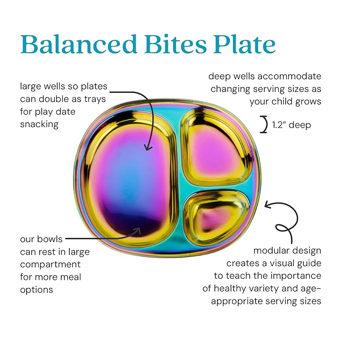 Ahimsa Stainless Steel Kids Plates - Divided Toddler Plates, Pediatrician Designed, Non Toxic Toddler Plate, BPA Free & Dishwasher Safe (Rainbow Single)