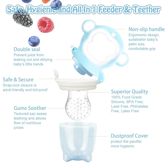 Baby Fruit Food Feeder - Silicone Nibble Tray Combo - Breastmilk Popsicle Mold for Cooling Relief, BPA Free Mesh Feeder for Infant Self Feeding (Monkey Blue + Pineapple)