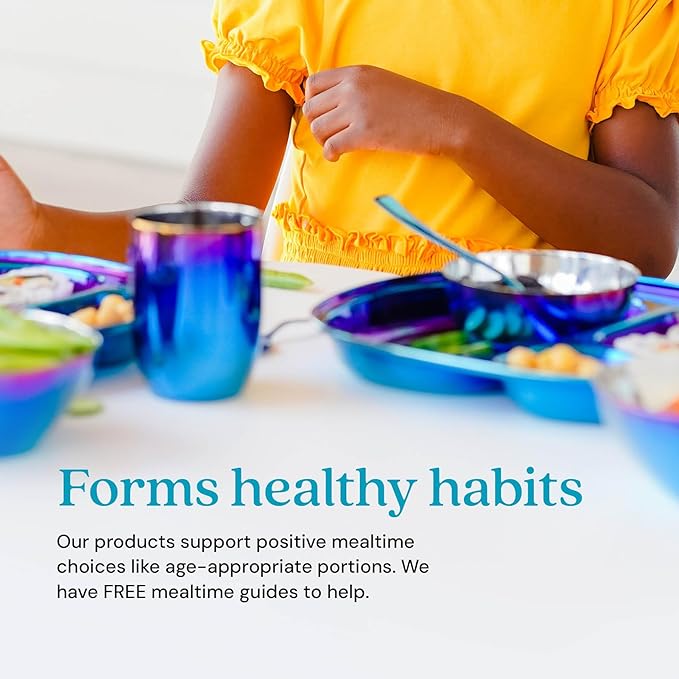 Ahimsa Stainless Steel Kids Dinnerware Set - 5 Piece Stainless Steel Toddler Plates and Bowls Set, Pediatrician Designed, Plastic Free Toddler Plate and Bowl, Kids Utensils and Cup (Blue)