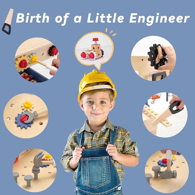 69‑Piece Wooden Kids Tool Bench – Montessori Toddler Workbench with Pretend Power Drill, Clock & Storage Shelf – STEM Construction Play Set for Boys & Girls Ages 3‑5