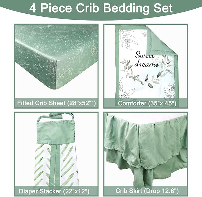 Green Leaf Crib Bedding Set, 4-Piece Baby Boy Bedding Set, Neutral Nursery Bedding Set, Fitted Crib Sheet, Crib Skirt, Baby Quilt, and Diaper Stacker, Sage