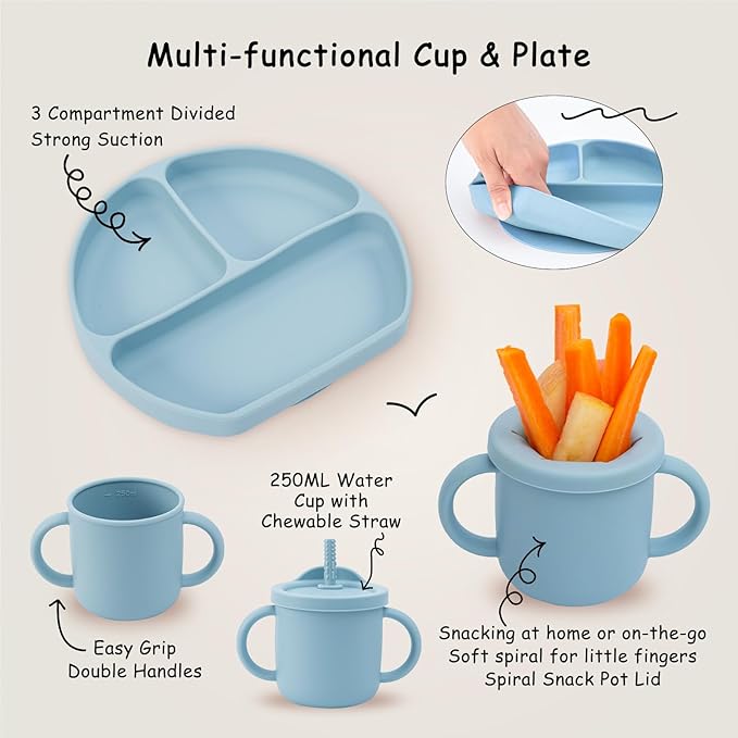 Baby Silicone Feeding Set, 13PCS Baby Self Feeding Set, Toddler Led Weaning Utensils Sets with Suction Bowl and Plate, 3 Set of Baby Spoons and Forks, Adjustable Bid, Sippy Cup with Straw and 2 Lids