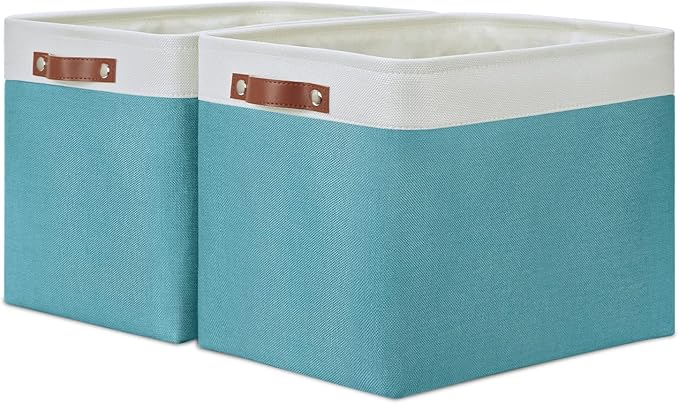 DULLEMELO Large Closet Storage Baskets Canvas Storage Baskets for Organizing 2 Pack Collapsible Home Organizer With Handles (White&Teal)