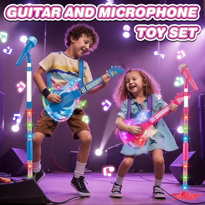 Kids Guitar and Microphone Set, Microphone with Stand and Color Light, Toy Guitar with Strap and Adjustable Volume, Toddler Musical Instrument for 5-9, Kids Karaoke Machine for Boy Girls (Pink)