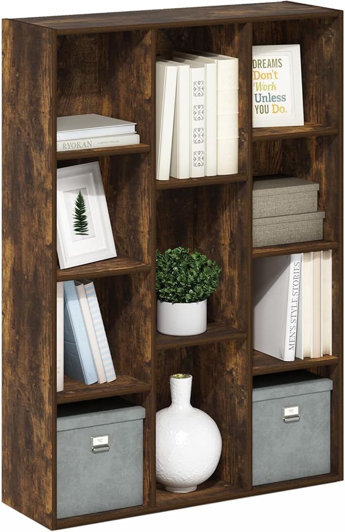 Furinno Luder 11-Cube Open Shelf Bookcase, Bookshelf, Amber Pine