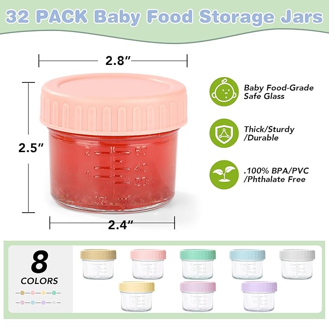 32-Pack Leakproof 4oz Glass Baby Food Jars With Lids - BPA Free, Freezer & Microwave Safe