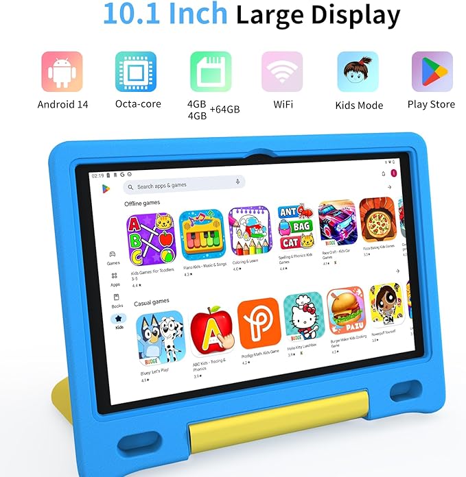 Kids Tablet, 10.1 Inch Tablet for Kids, Android 14, 64GB, Octa-Core CPU, WiFi, Big Battery, Kids Conten, Parental Control, HD Display Children Tablet Age 3-12, Bluetooth, Blue Shockproof Case