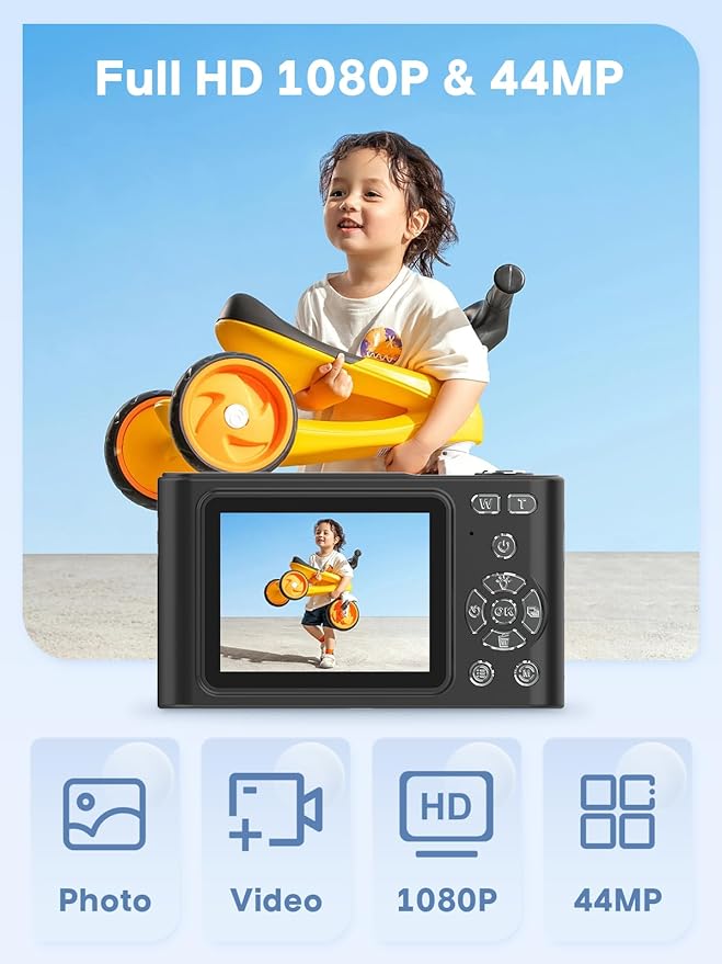 Digital Camera, 44MP Full HD 1080P Point and Shoot Camera with 64GB Card, Anti Shake 16X Zoom Compact Volg Cameras, Portable Small Camara Gift for Kids, Ages Teen Girl Boy - Black