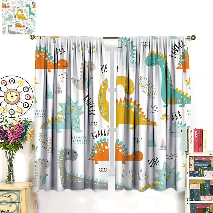 Dinosaur Curtains for Kids Boys Girls Home Decor Childish Cute Dino Animals Print Pattern Rod Pocket Blackout Window Drapes for Nursery Baby Bedroom Playroom W36xL63in 2 Panels
