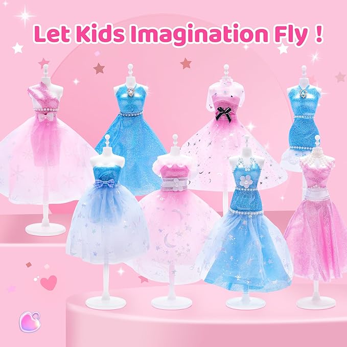 AHCo. Fashion Designer Kit with 5 Mannequins & 2 Extra Poseable Dolls, Sewing & Arts Crafts Kit for Girls Ages 5 6 7 8-12, Creative Birthday Gift for Kids