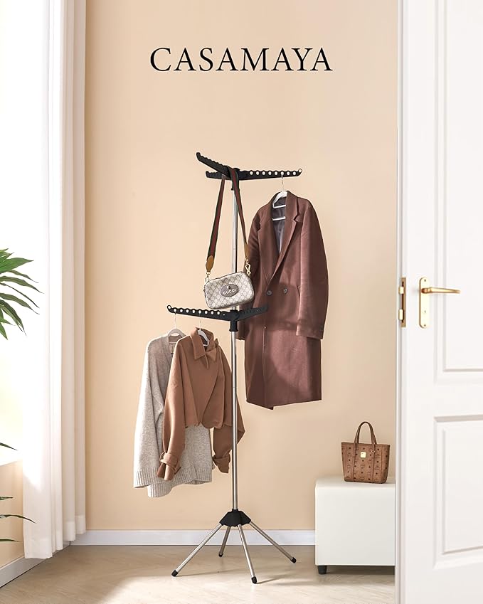 Clothes Drying Rack Foldable, 74.8 inch 2 Tier Laundry Drying Rack with Rotating Clothes Rail for 54 Pieces of Clothes, Space Saving, Indoor, Stainless Steel, Black and Silver CDR002B01