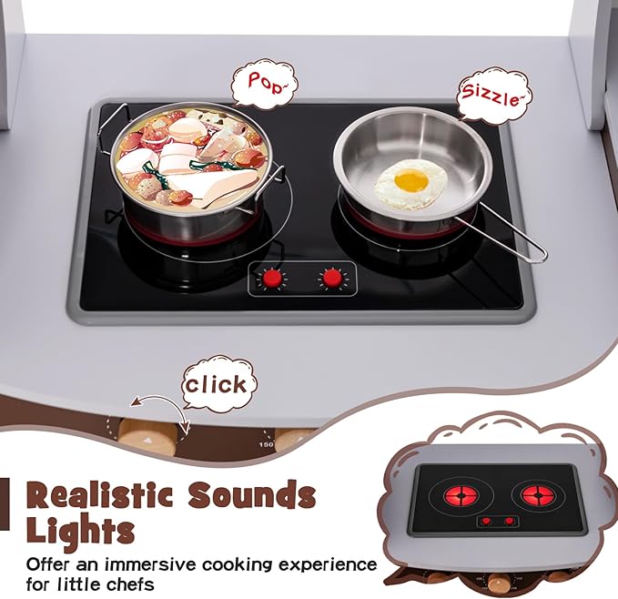 Costzon Corner Kids Kitchen Playset, Wooden Play Kitchen with Sounds & Lights, Washing Machine, Ice Maker, Microwave, Oven, Sink & Faucet, Pretend Toy Kitchen Set for Toddler, Gift for Boys Girls