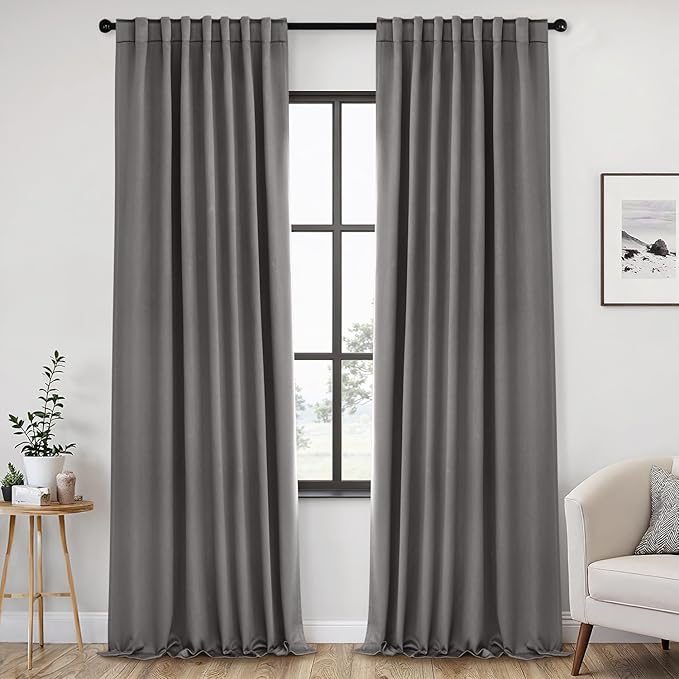 ANRODUO Back Tab Blackout Curtains for Bedroom Living Room, Rod Pocket Pinch Pleated Thermal Insulated Room Darkening Curtains 96 Inches Long 2 Panels, Grey, 52 x 96 Inch