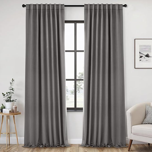 ANRODUO Back Tab Blackout Curtains for Bedroom Living Room, Rod Pocket Pinch Pleated Thermal Insulated Room Darkening Curtains 96 Inches Long 2 Panels, Grey, 52 x 96 Inch