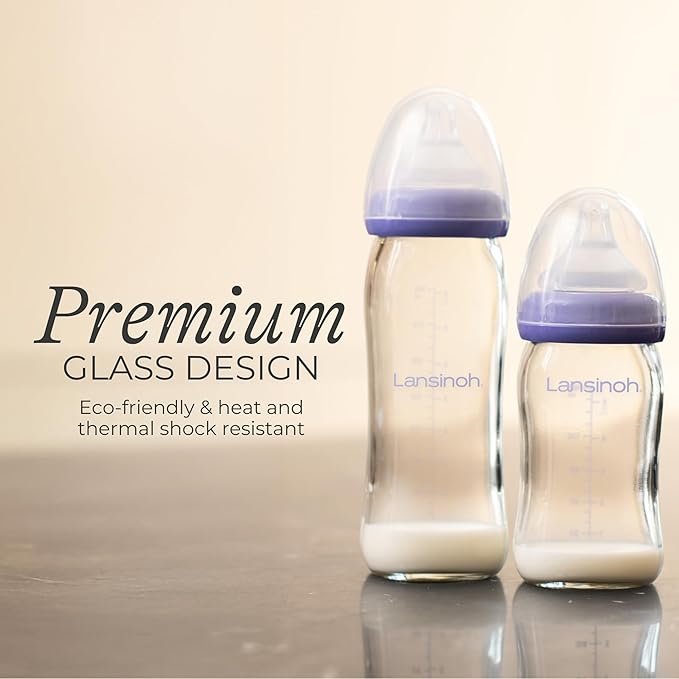 Lansinoh Anti-Colic Glass Baby Bottles, 5 Ounces, 4 Count Bottles for Feeding, Baby Essentials, Includes 4 Slow Flow Nipples, Size S