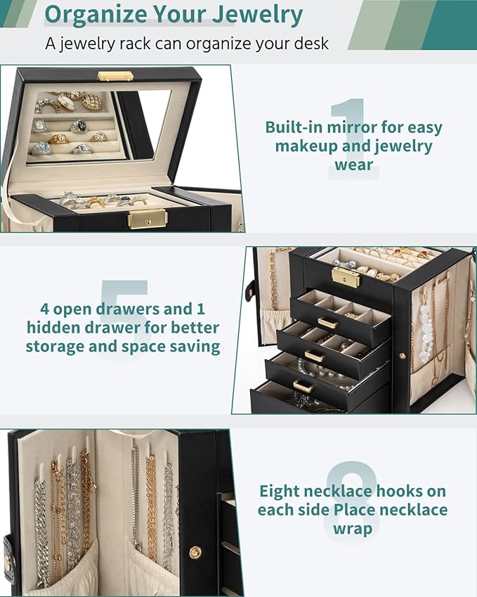 AKOZLIN 5-Tier Jewelry Box Leather Jewelry Storage Organizer with 4 Drawers Lockable for Women Girls Ring Necklace Earring Bracelet Watches Holder with Mirror Black