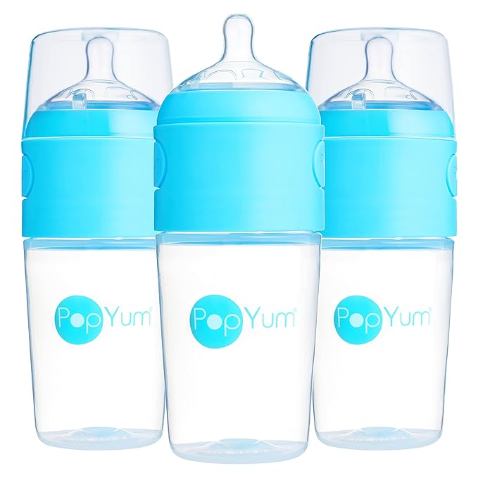 PopYum 9 oz Blue Anti-Colic Formula Making/Mixing/Dispenser Baby Bottles, 3-Pack with #2 Medium Flow Nipples, 260 ml, BPA-Free, Natural Latch