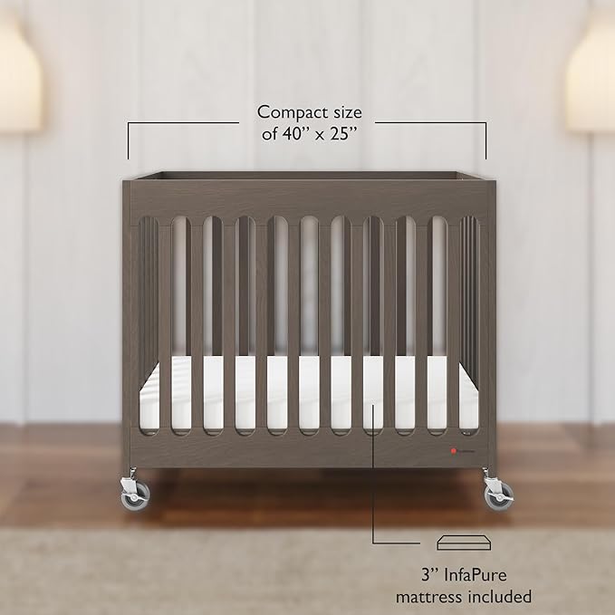 Foundations Boutique Folding Mini Baby Crib - Compact, Portable, Wooden Hotel Crib, Foldable Compact Cribs for Baby & Toddlers - Includes 3" Foam Mattress - Dapper Gray