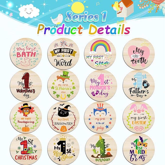42 Designs First Year Milestones,Wooden Baby First Holiday Signs,Baby Monthly Milestone Photo Props for Newborn to Age 1,Pregnancy Baby Shower Cards (First Holiday Milestone)