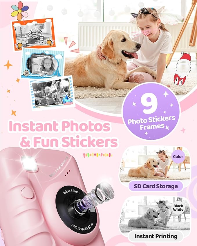 Kids Camera Instant Print for Girls Ages 3-14, 3-inch HD Screen Camera for Kids with Printing Paper, 1080P Digital Toddler Toys for 4 5 6 7 8 9 10 11 12 Years Old (Pink)