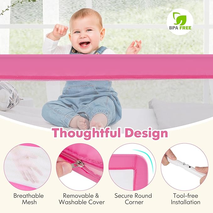 BABY JOY Bed Rails for Toddlers, 59'' Extra Long, Swing Down Bed Guard w/Safety Straps, Folding Baby Bedrail for Kids Twin, Double, Full Size Queen & King Mattress (Pink, 59-Inch)