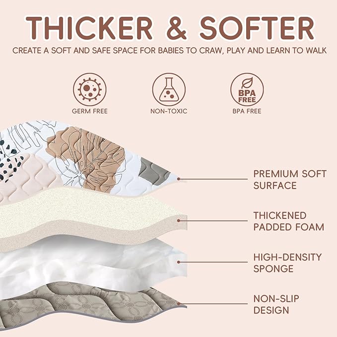 Baby Play Mat - Thicken 71x59 Inch Soft Foam Crawling Mat for Playpen & Floor, Non-Slip Waterproof Activity Playmats for Infants & Toddlers, Portable Foldable & Machine Washable, Boho Design