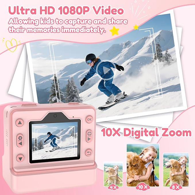 Kids Camera Instant Print, Dual-Lens Selfie Camera for Kids with 1080P Videos, 2.4 Inch Screen, 32GB SD Cards & 3 Rolls Print Paper, Christmas Birthday Gifts for Girls Age 3-12