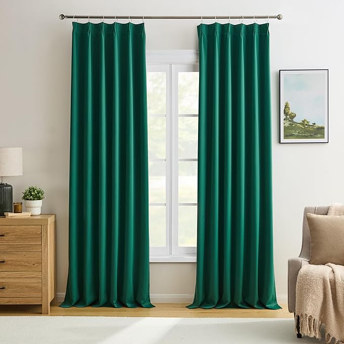 KEQIAOSUOCAI 92 Inch Dark Green Pinch Pleated Blackout Curtains for Living Room - Summer Decor Thermal Insulated Christmas Green Track Curtain with Hooks，40 x 92 Inches Long-2 Panels Set