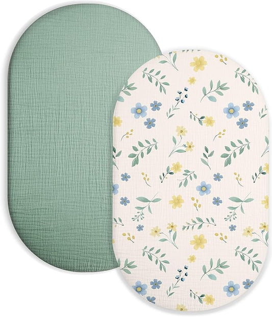 Bassinet Sheet for Baby Boy and Girl 2 Pack, Fitted Sheets for Rectangle, Oval, Hourglass Bassinet Mattress, Muslin Moses Basket Sheets with Neutral Style (Spring Garden & Sage)