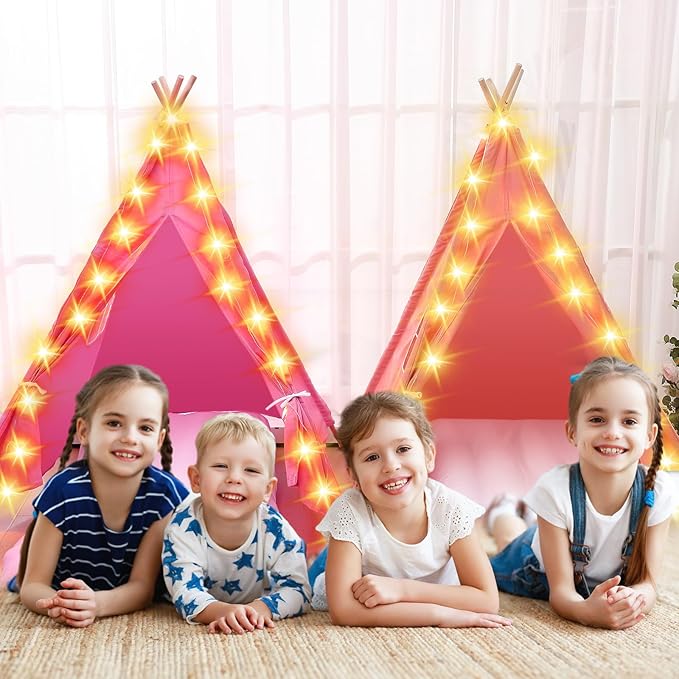 6 Pack Sleepovers Teepee Tent for Kids Bulk with Mattress Sheet Light,Natural Cotton Washable Indoor Play Tent for Birthday Slumber Party Girls Boys Pajama Movie Night Supplies(Pink, Rose Red)