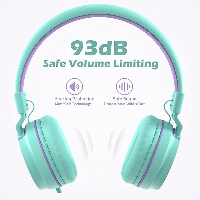Kids Headphones, AILIHEN I35 On-Ear Headphones for School, 93dB HD Mic Stereo Headphone for Kid Girls Children, Foldable Wired 3.5mm for Chromebook, Laptop, Computer, Tablet (Green Purple)