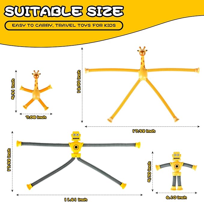 8pc Robot Giraffe Sensory Travel Toys for Toddlers Boy Ages 3 4 5 6 7 8, Airplane Activities Suction Autism Pop Tube Fidget Autistic Stocking Easter Basket Stuffer Valentine Gift for Kids