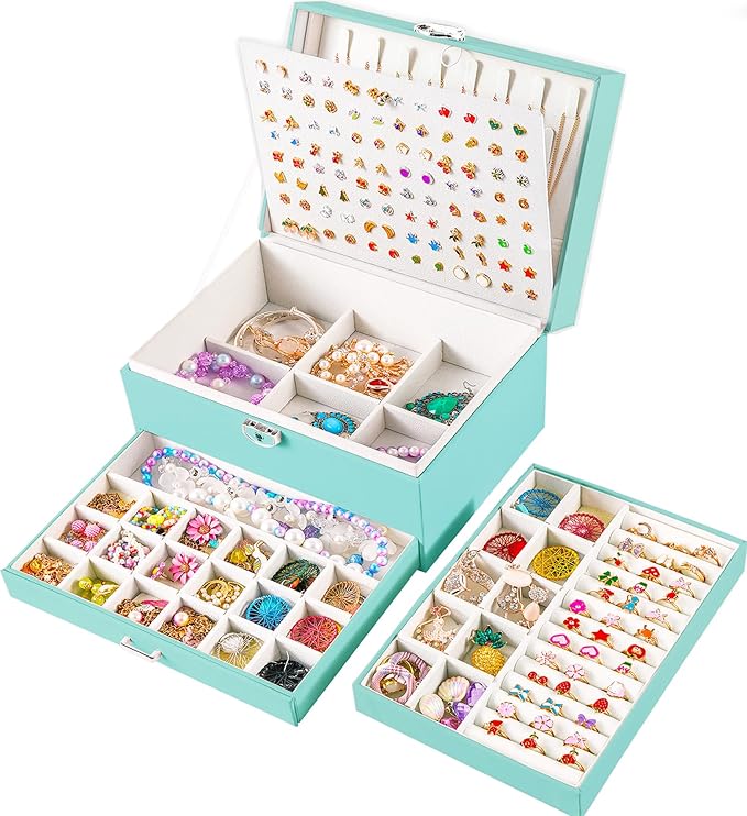 Earrings Jewelry Box for Girls, 5 Layers Jewelry Organizer with Earring Holder Organizer for Girls Earring Organizer Jewelry Boxes for Women Earrings and Necklaces Jewelry Box Organizer Teal