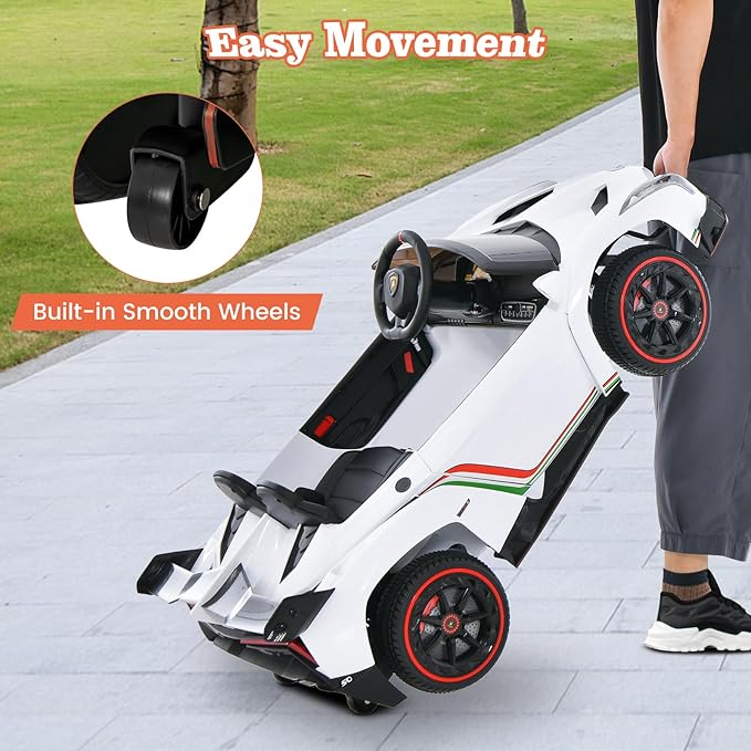 Costzon Ride on Car, Lamborghini Licensed 12V Battery Powered 4WD Sports Car with Remote Control, 3 Speeds, Hydraulic Doors, LED Lights, Towing Wheel, Horn, Music, Electric Vehicle for Kids Aged 3-8