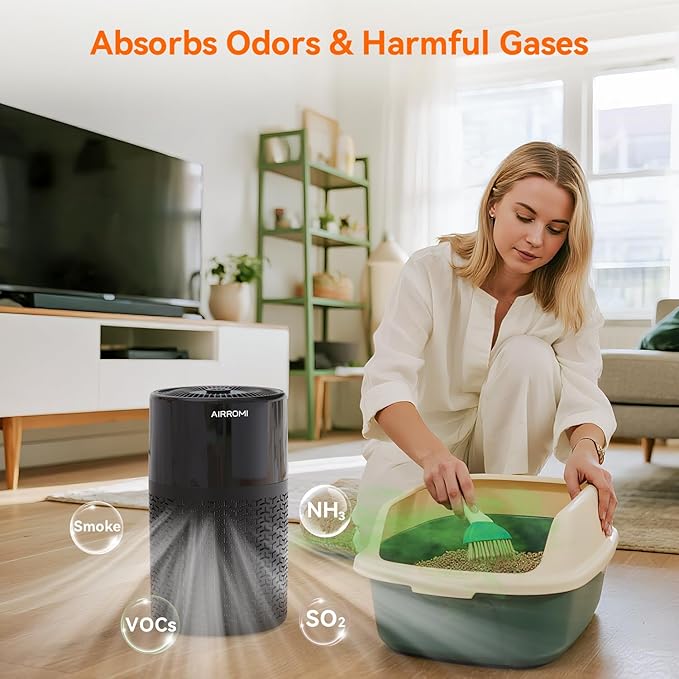 AIRROMI Pets Air Purifier for Home Allergies,Up to 660 ft².Yellow Deodorizing Activated Carbon Filter,With Fragrance Sponge for Better Sleep,Night Light,Pet Dander,Smoke,Odors,Air Cleaner A2002 Black