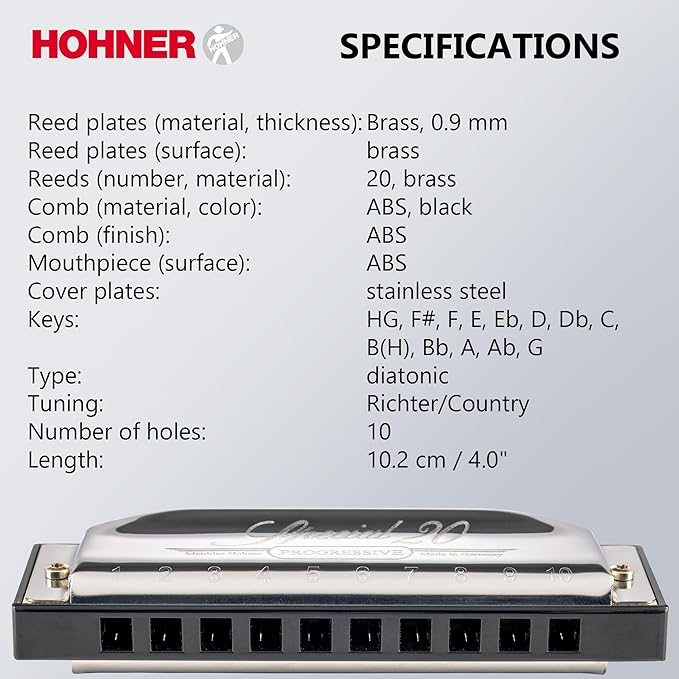 Hohner Special 20 Harmonica - Key of C Bundle with Key Stickers, Plastic Case, Instructional Manual, and Austin Bazaar Polishing Cloth
