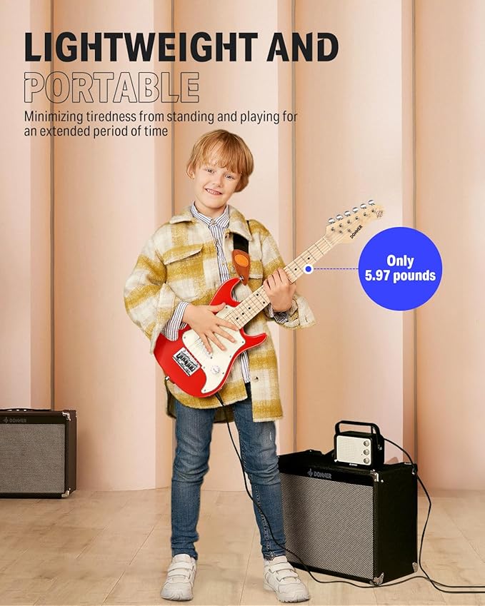 Donner 30 Inch Kids Electric Guitar Beginner Kits ST Style Mini Electric Guitar for Boys Girls with Amp, 600D Bag, Tuner, Picks, Cable, Strap, Extra Strings, DSJ-100, Red