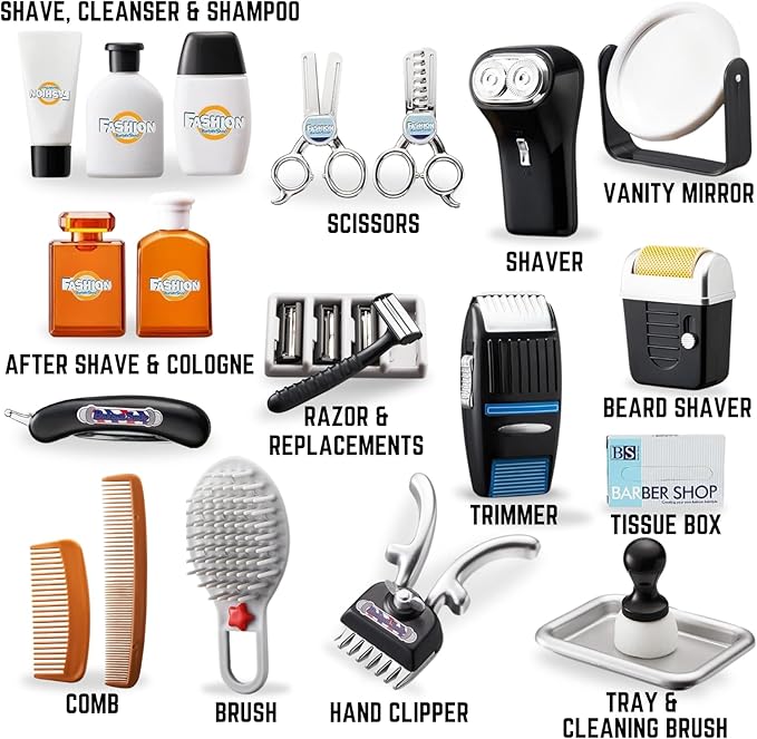 24 Pcs Barber Shop Pretend Play Toy - My First Shaving and Grooming Haircut Kit Toddler Role Play Set with Styling Accessories & Storage Box for Kids, Boys